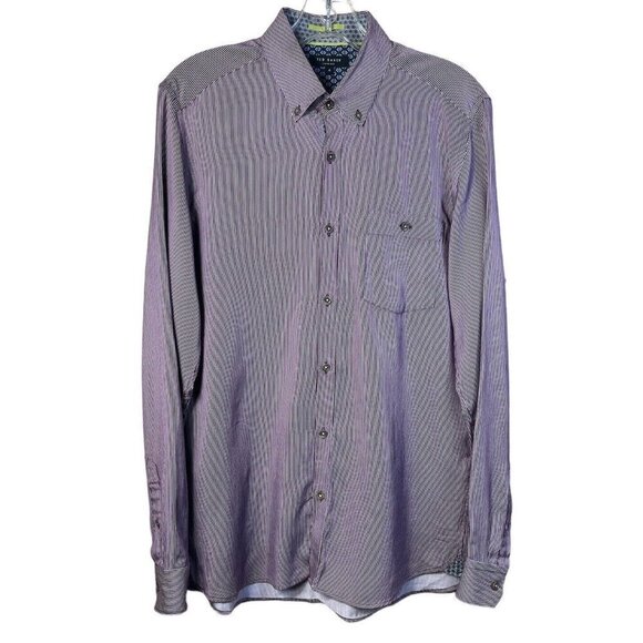 Ted Baker Men's 100% Cotton Burgundy Stripe Long Sleeve Shirt Size 4 Medium - Picture 1 of 9